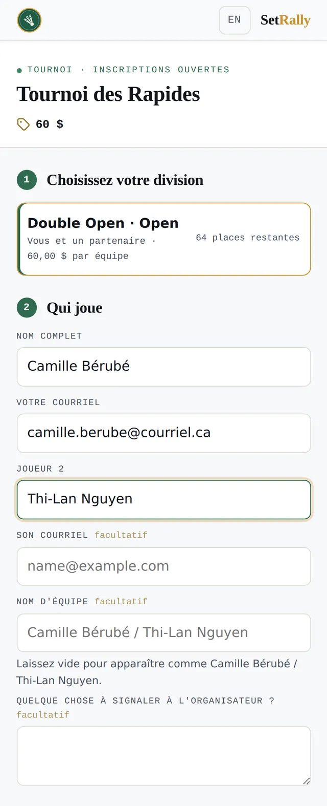 Le formulaire d’inscription publique d’un événement SetRally