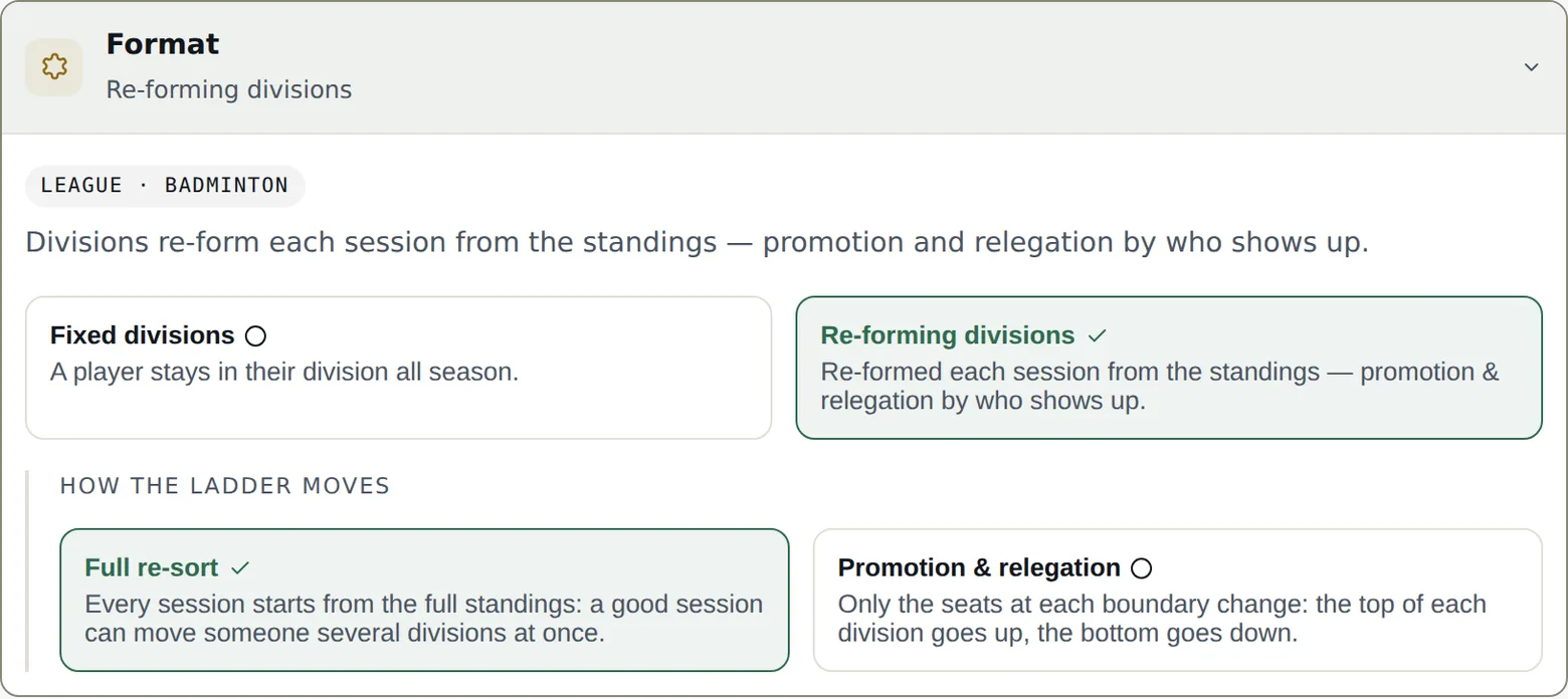 The Format tab: the event format and its refinements