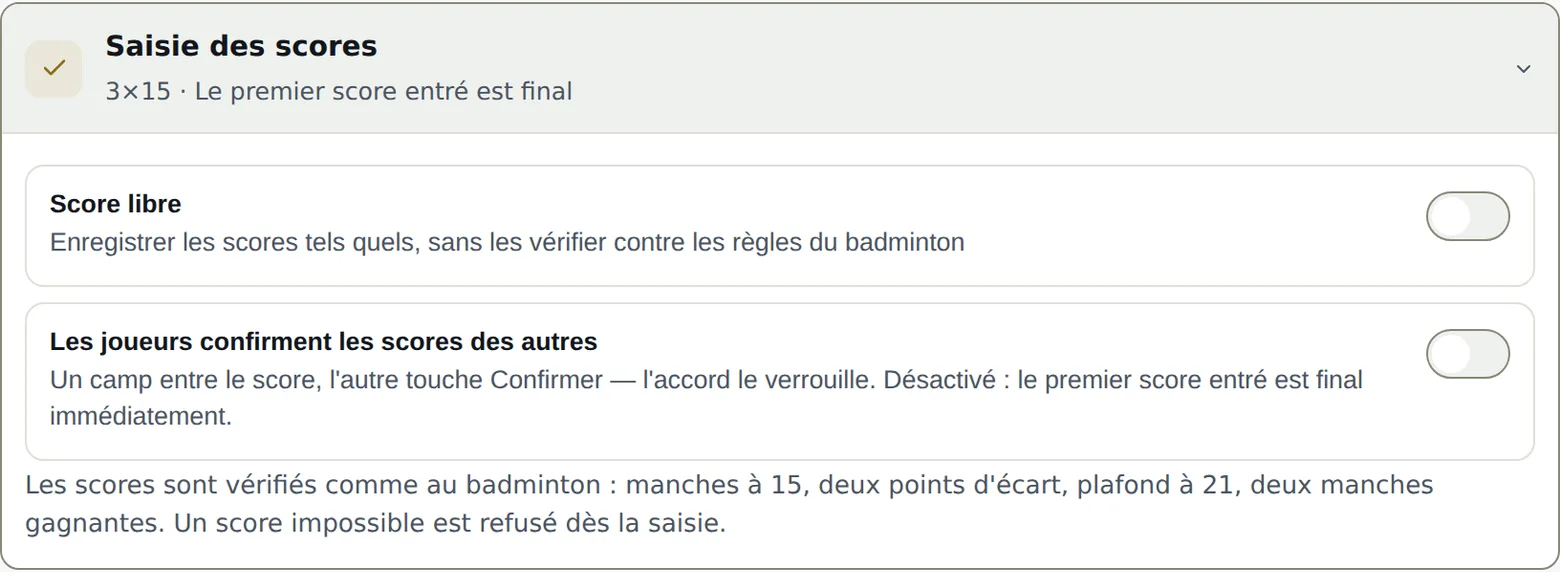 L’onglet Scores : confirmation, délai de verrouillage, score libre